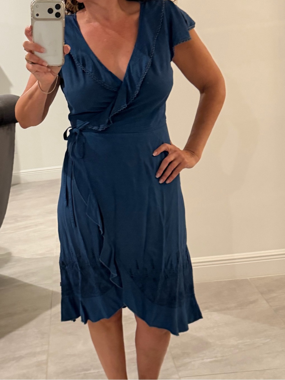 Deep Blue Wrap Midi Dress with Ruffle Detail